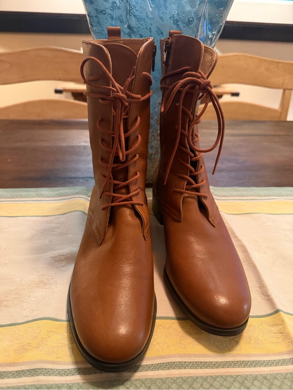 Chestnut Lace-Up Mid-Calf Leather Boots